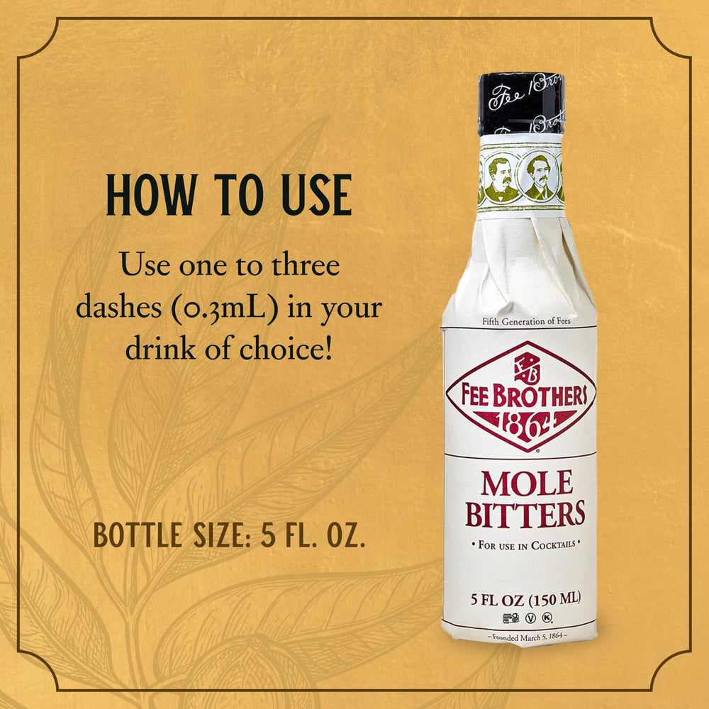 Fee Brothers Mole Bitters bottle label highlighting heritage and gluten-free vegan ingredients.