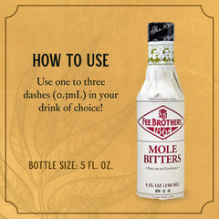 Fee Brothers Mole Bitters bottle label highlighting heritage and gluten-free vegan ingredients.