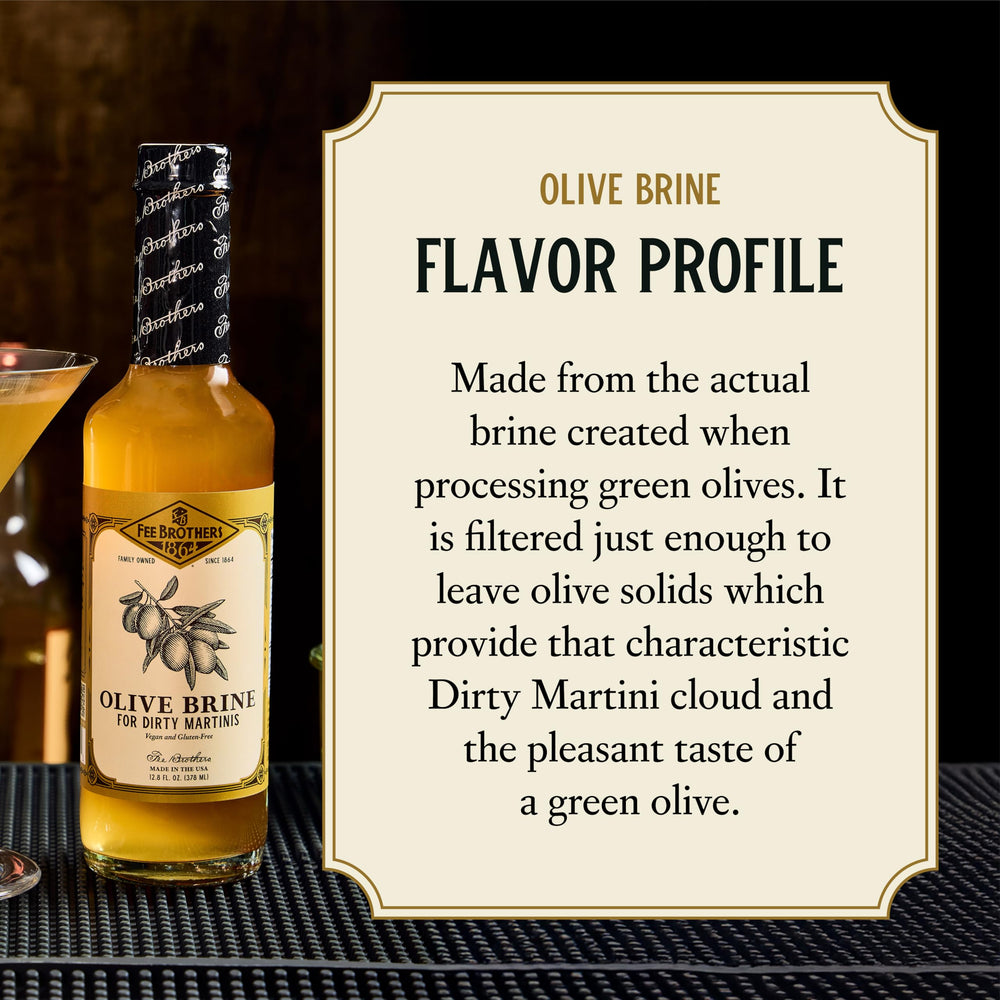 Fee Brothers Olive Brine olive-solids add texture and authenticity to drinks.