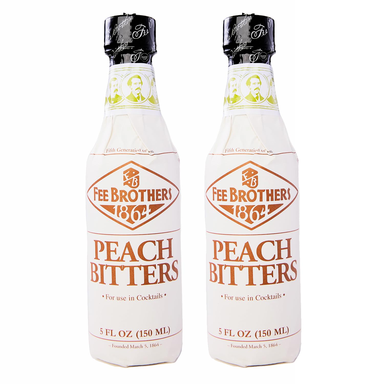 Fee Brothers Peach Cocktail Bitters bottle front, premium flavor for cocktails.