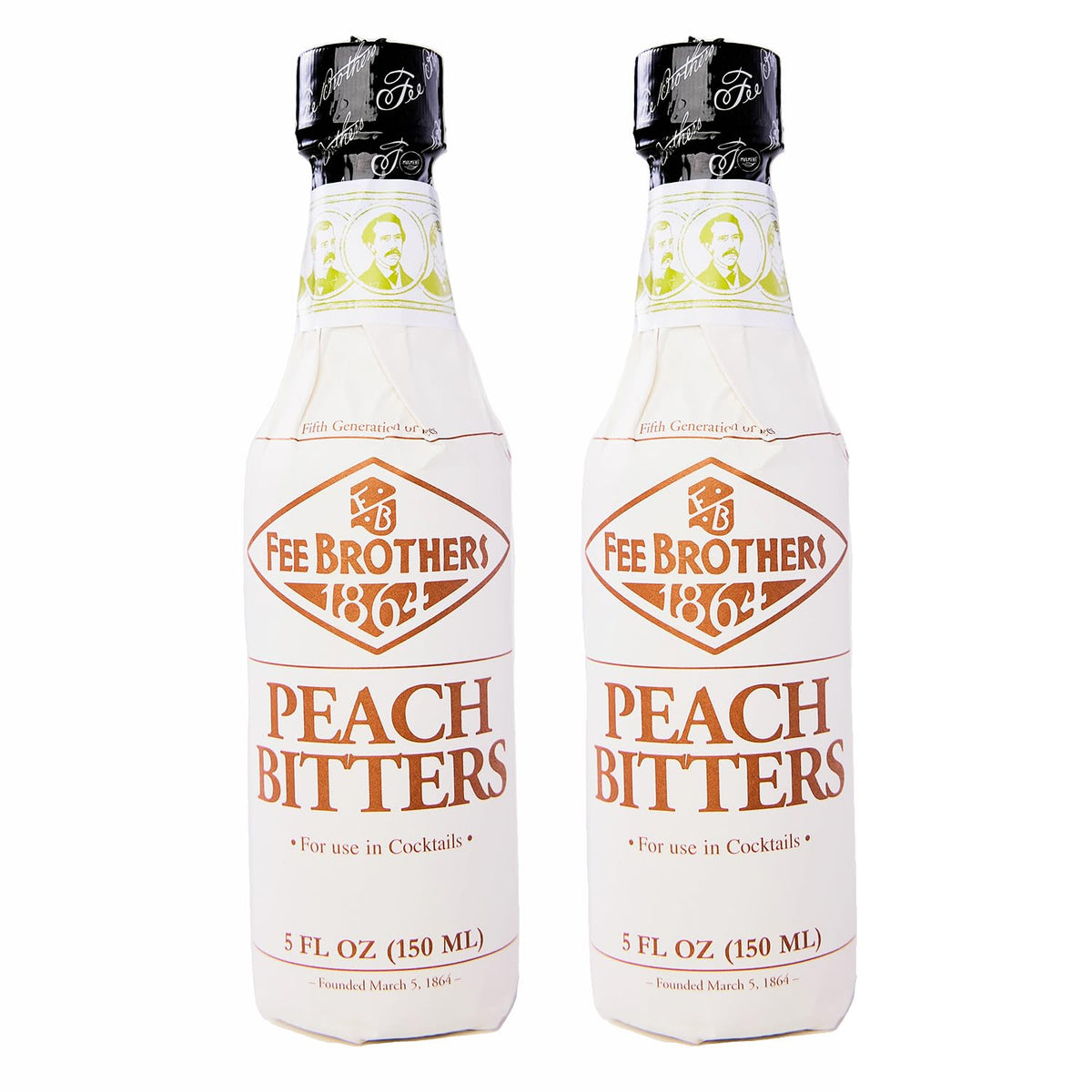 Fee Brothers Peach Cocktail Bitters bottle front, premium flavor for cocktails.