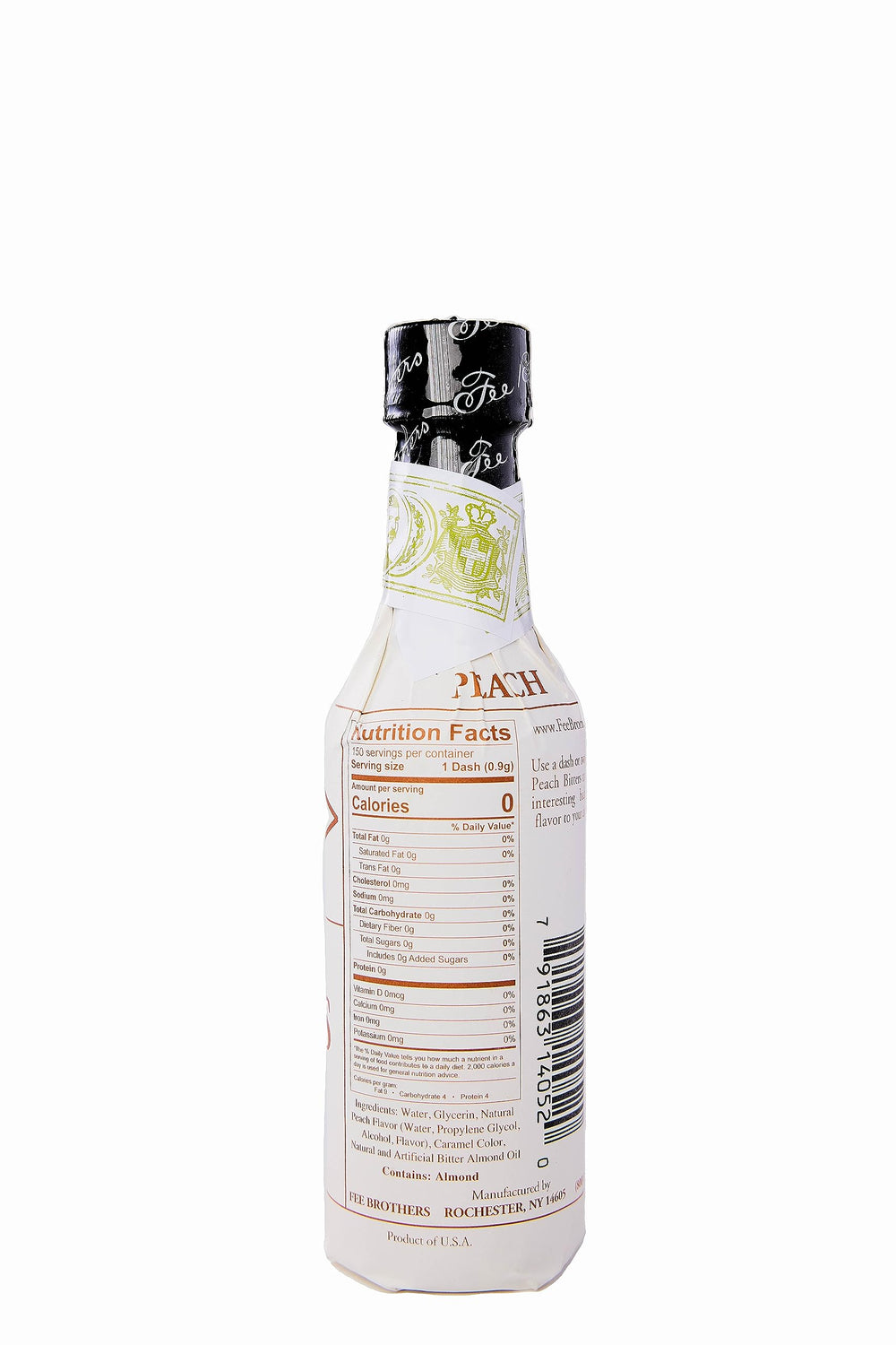 Fee Brothers Peach Cocktail Bitters label closeup, rich peach notes for mixing.