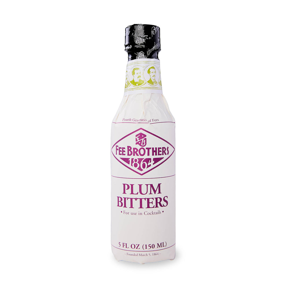 Fee Brothers Plum Bitters bottle on display adds aromatic depth to cocktails.