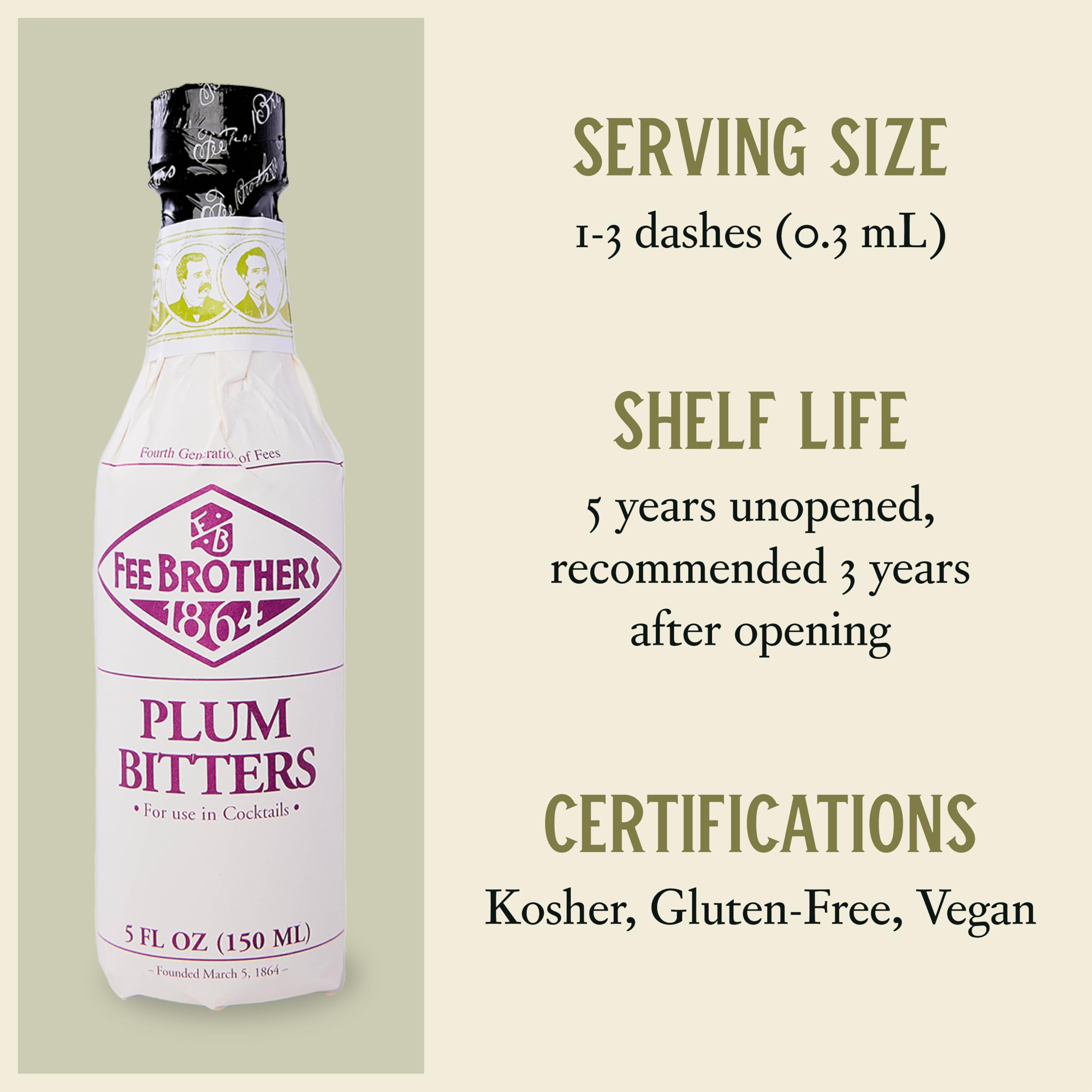 Fee Brothers Plum Bitters bottle closeup emphasizes vegan, gluten-free formula.