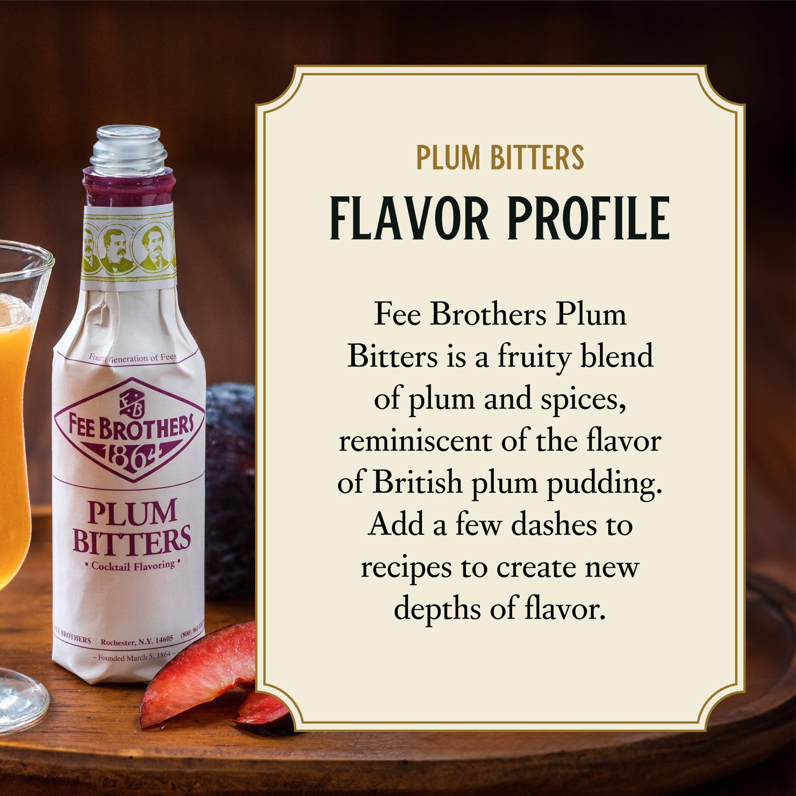 Fee Brothers Plum Bitters closeup reveals plum and spice notes.