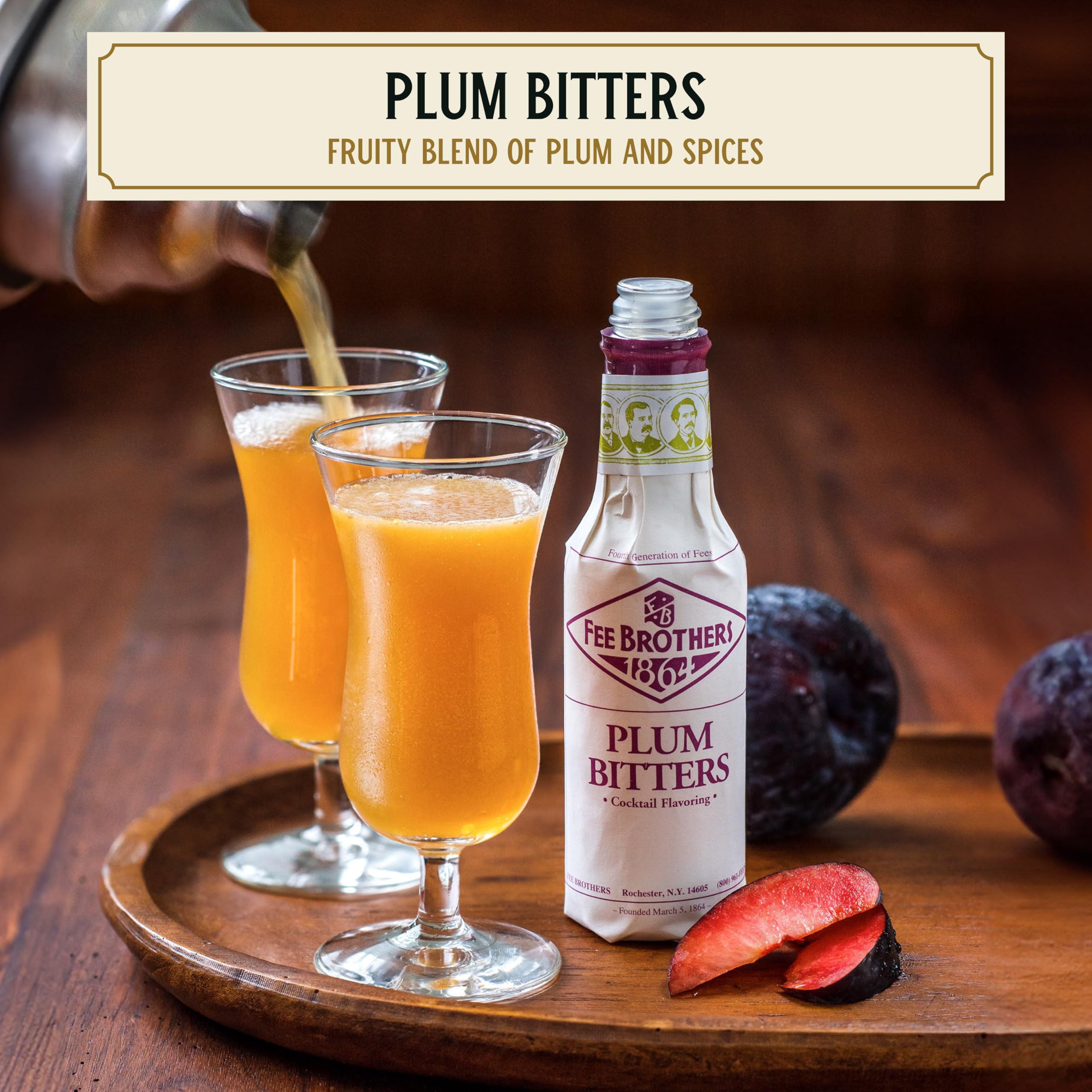 Fee Brothers Plum Bitters pour highlights fruity spice in drinks.