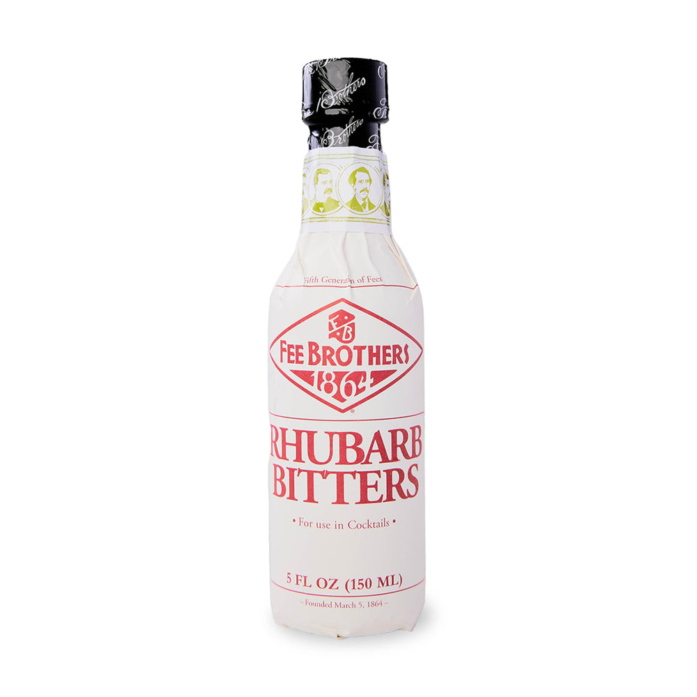 Fee Brothers Rhubarb Bitters bottle closeup shows rich color and authentic flavor notes