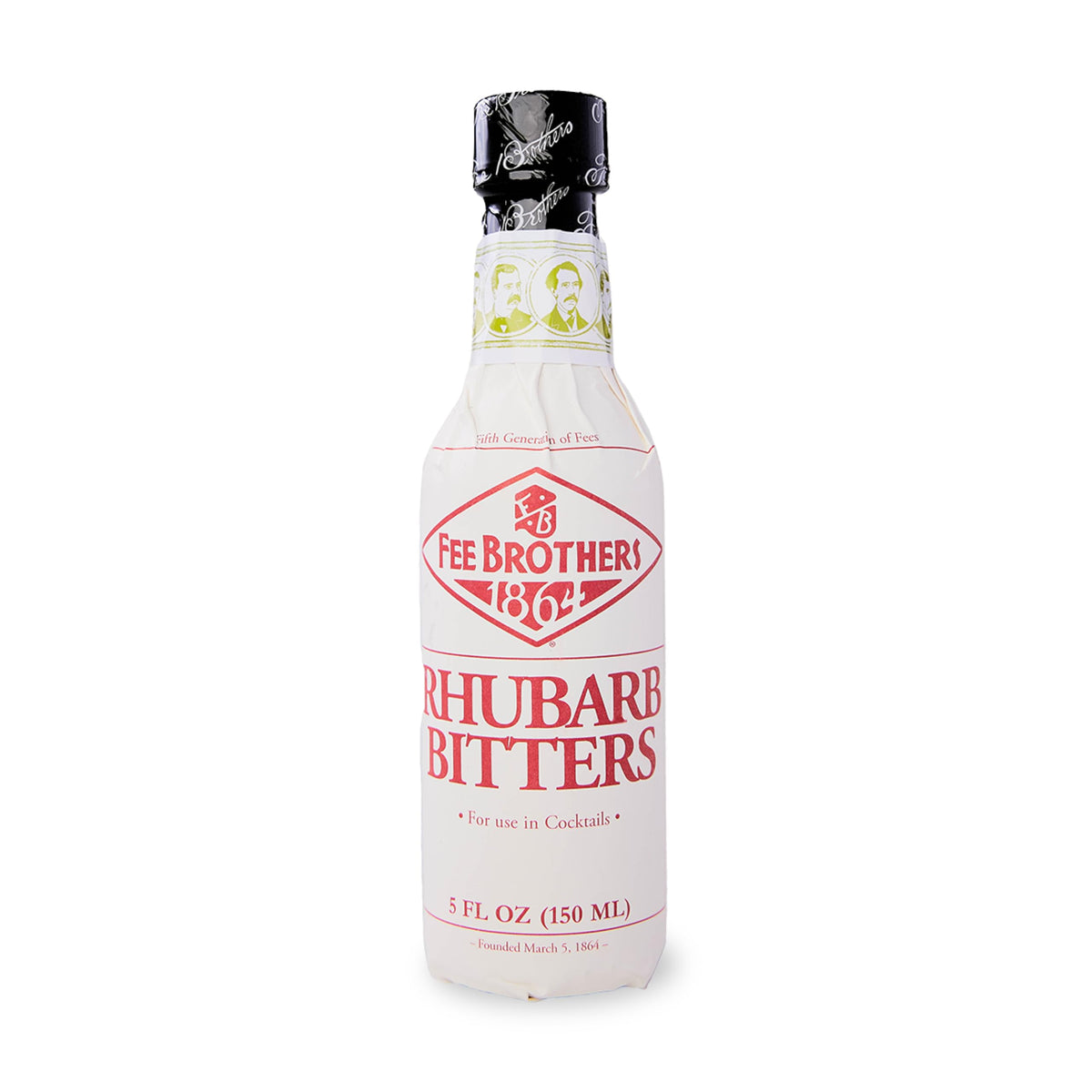 Fee Brothers Rhubarb Bitters bottle closeup shows rich color and authentic flavor notes