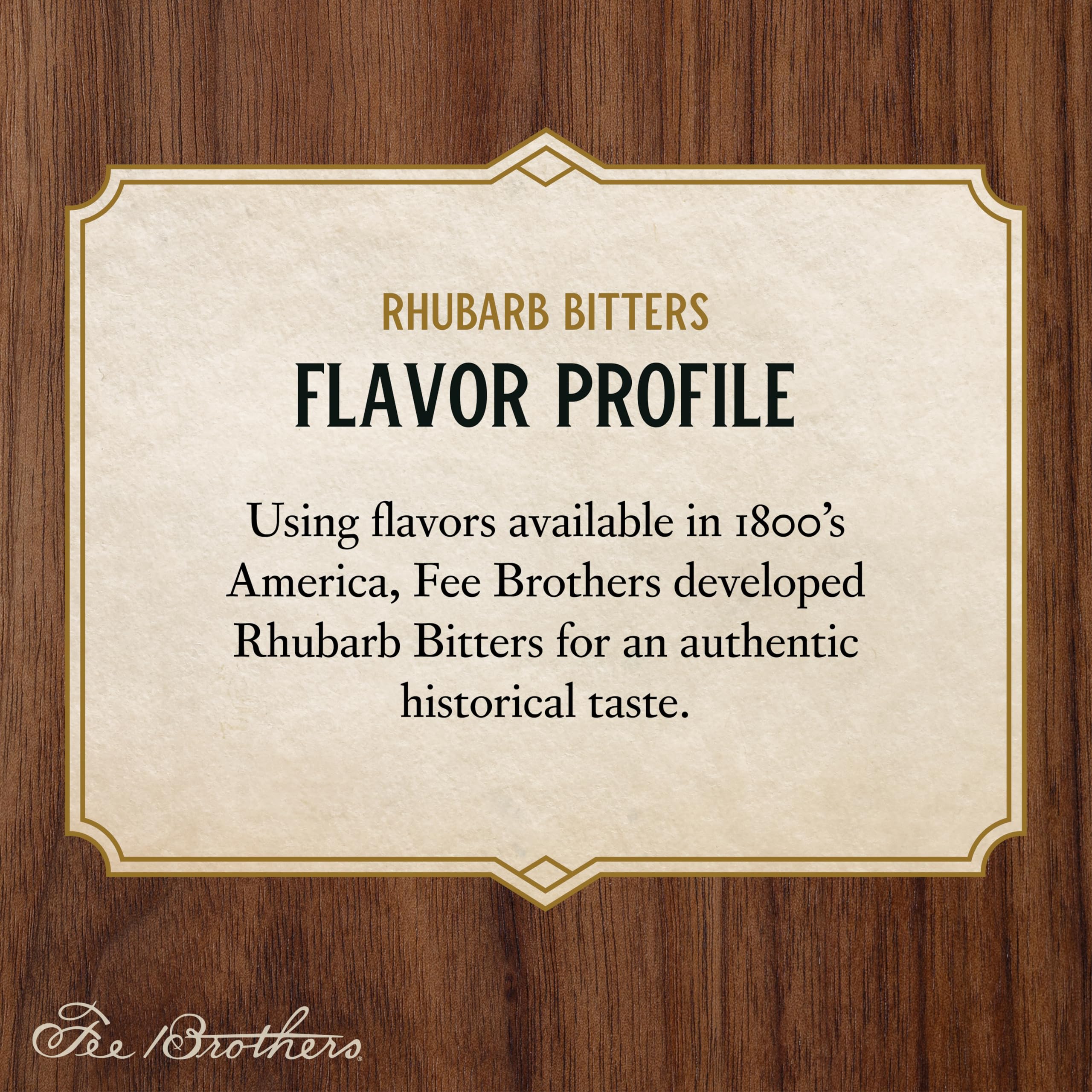 Fee Brothers Rhubarb Bitters bottle label detail emphasizes heritage and quality
