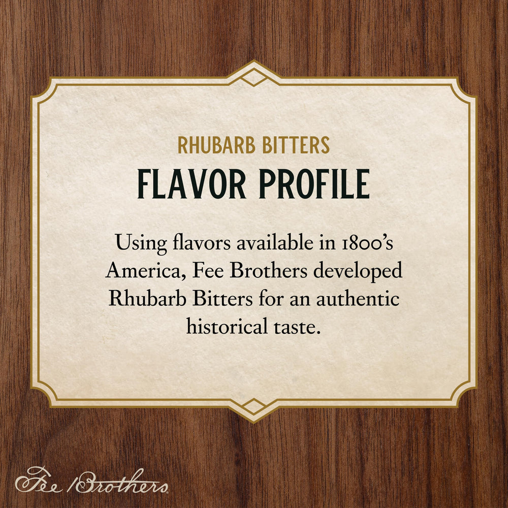 Fee Brothers Rhubarb Bitters bottle label detail emphasizes heritage and quality