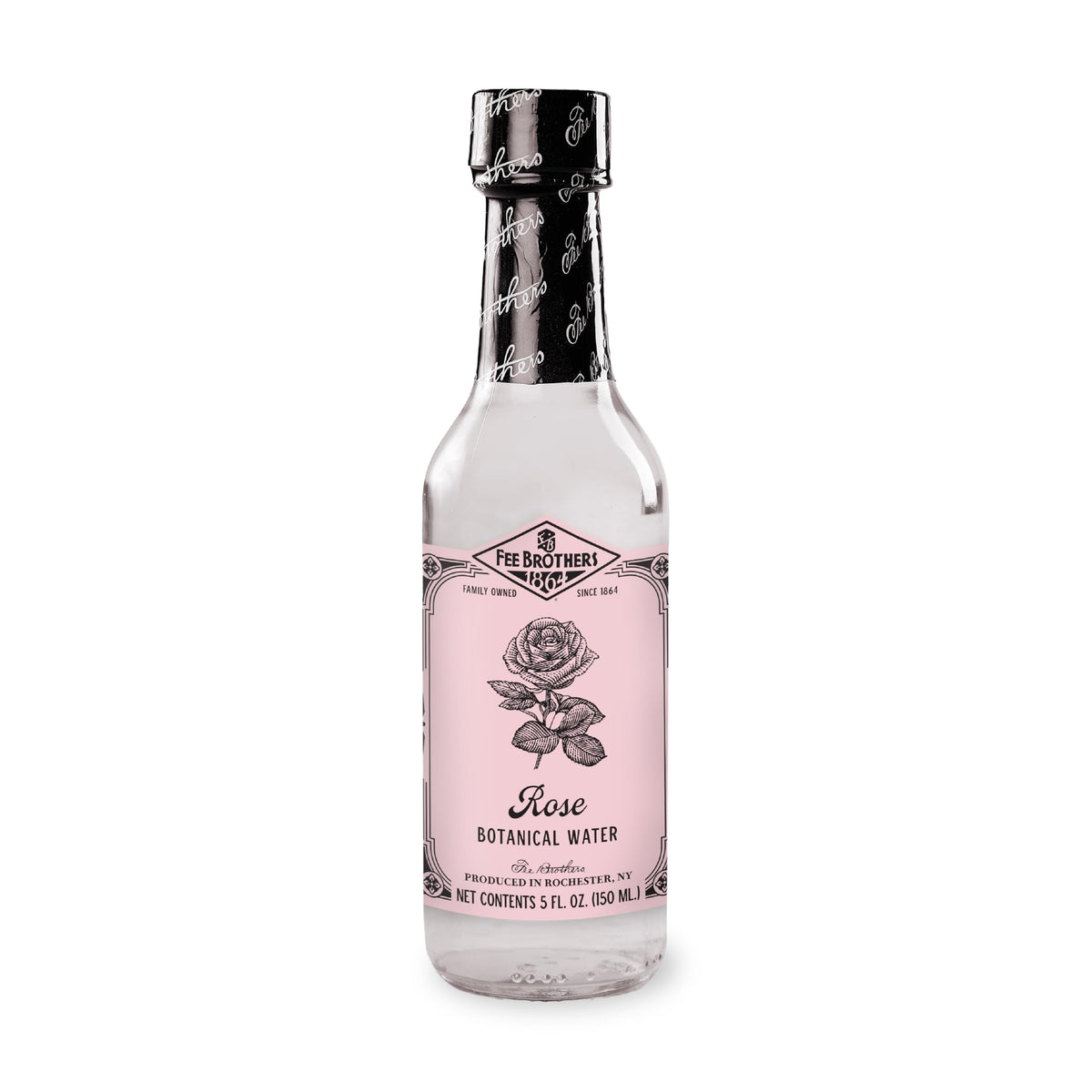 Fee Brothers Rose Botanical Water bottle front label showing floral flavor cues for cocktails