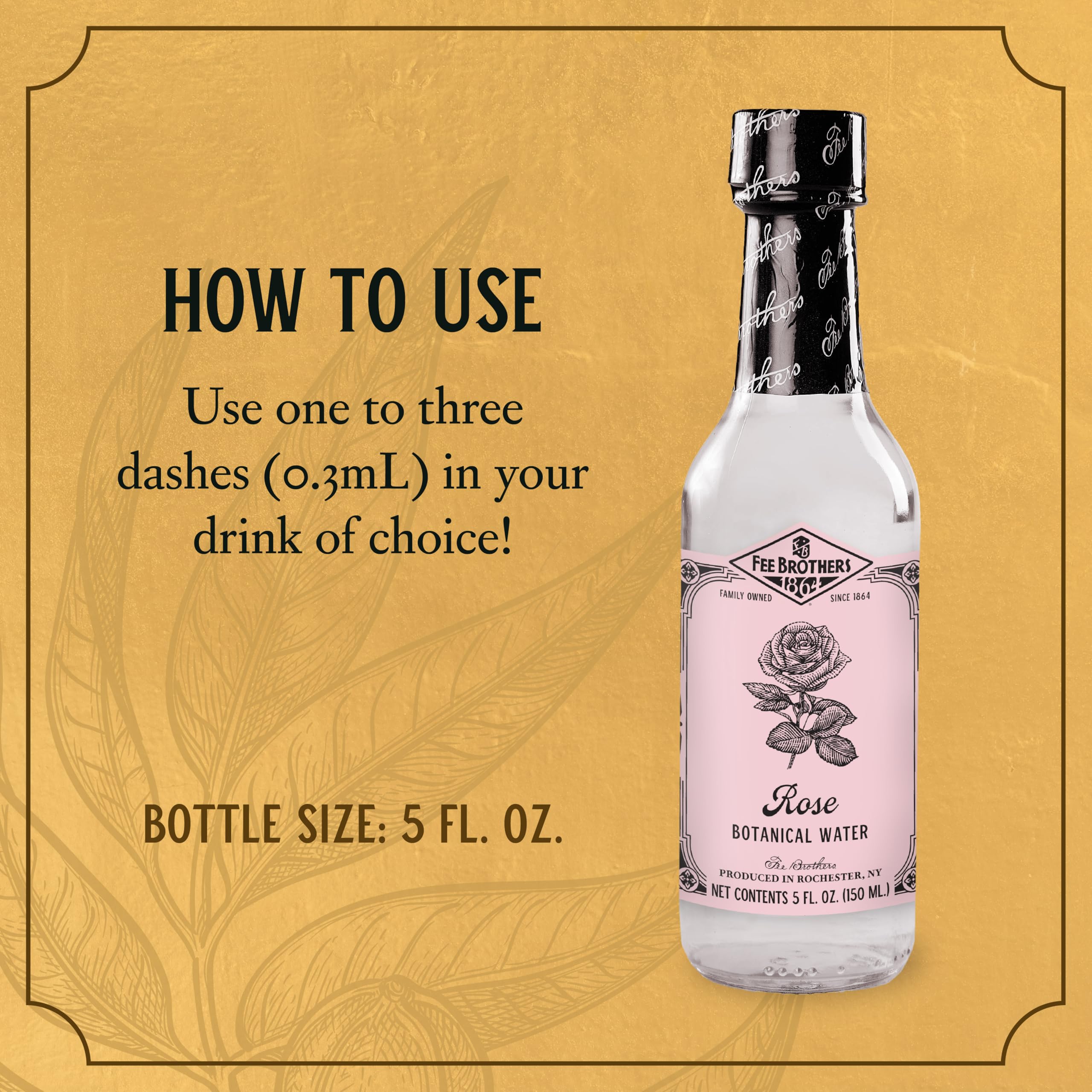 Fee Brothers Rose Botanical Water bottle paired with a cocktail for a fragrant accent