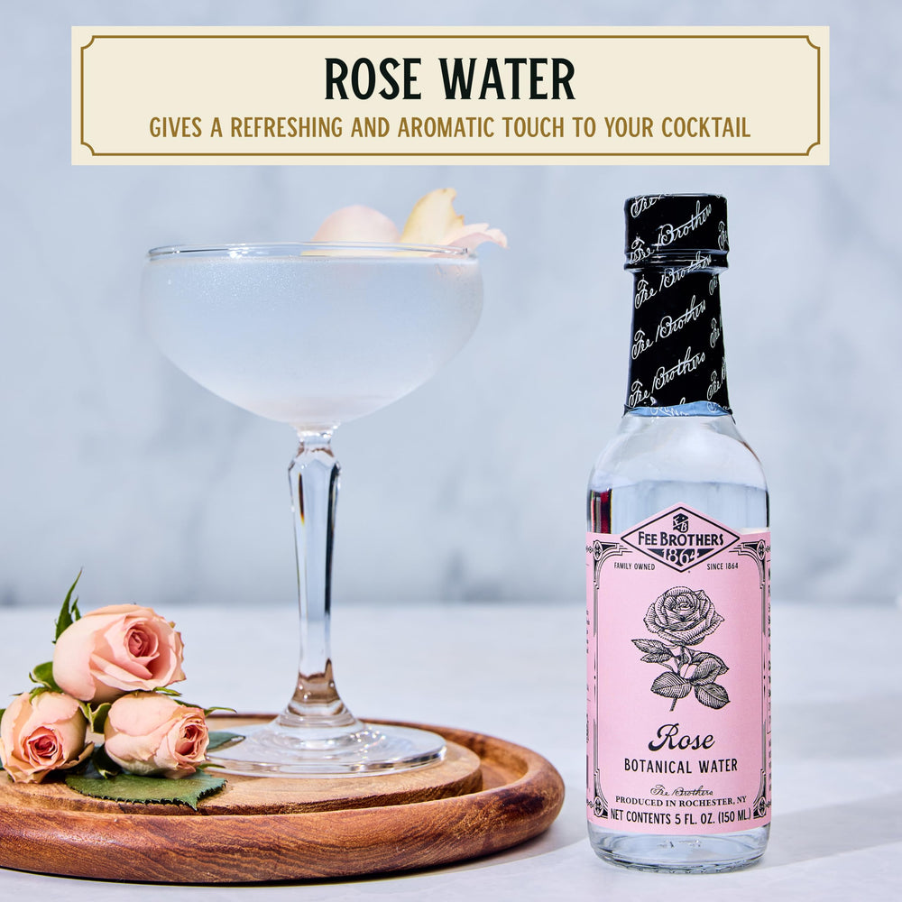 Fee Brothers Rose Botanical Water being poured to reveal aromatic mist for layered drinks