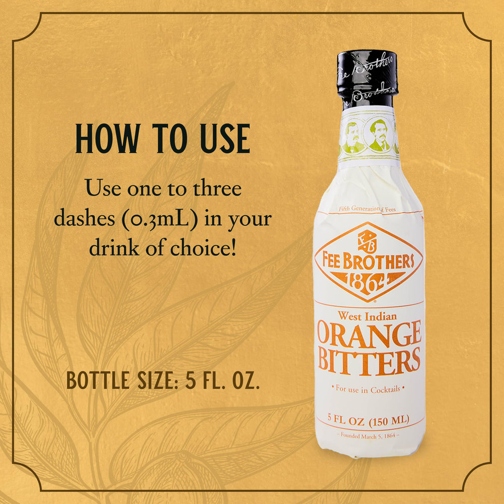 Fee Brothers West Indian Orange Bitters label closeup, premium ingredients for cocktails