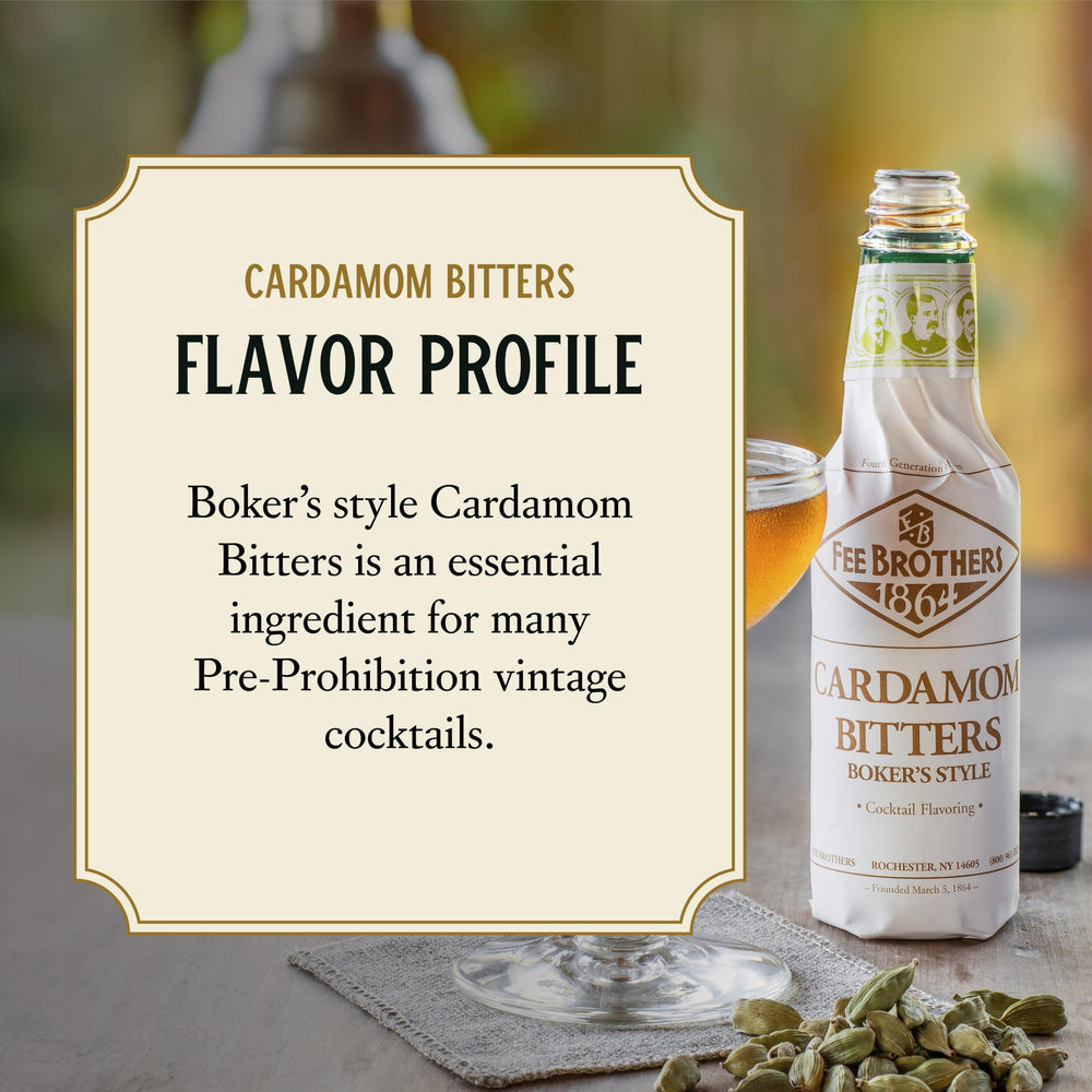 Fee Brothers Cardamom Bitters on a bar setup ready for cocktails