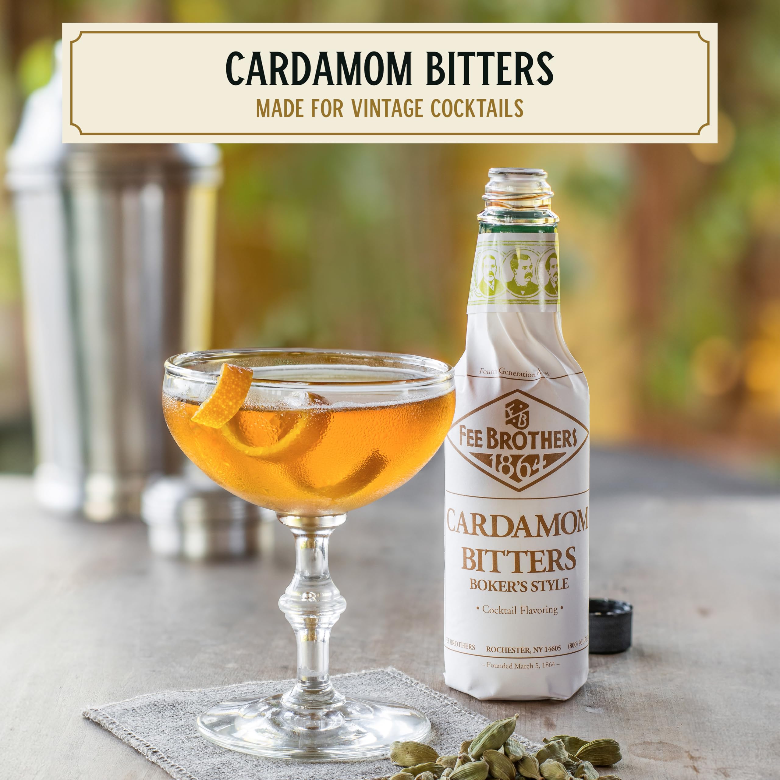 Fee Brothers Cardamom Bitters being poured into a glass for depth