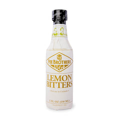 Fee Brothers Lemon Bitters bottle close-up showing citrus oils for bright cocktails.