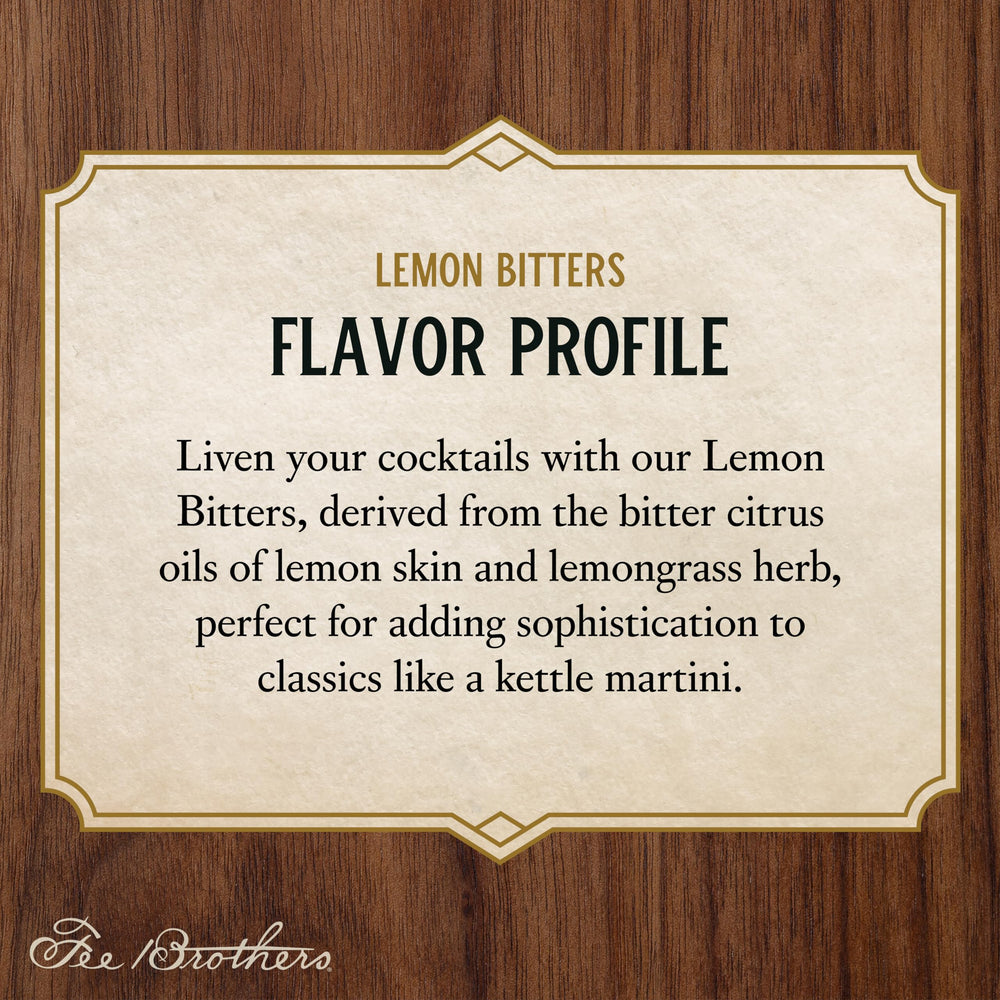 Fee Brothers Lemon Bitters label close-up emphasizing heritage and quality.
