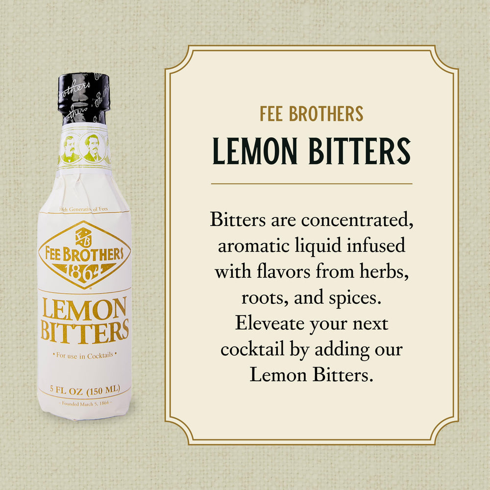 Fee Brothers Lemon Bitters pour illustrating measured dashes for depth.