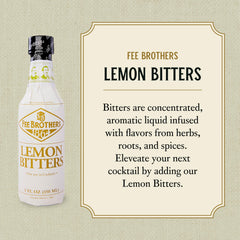 Fee Brothers Lemon Bitters pour illustrating measured dashes for depth.