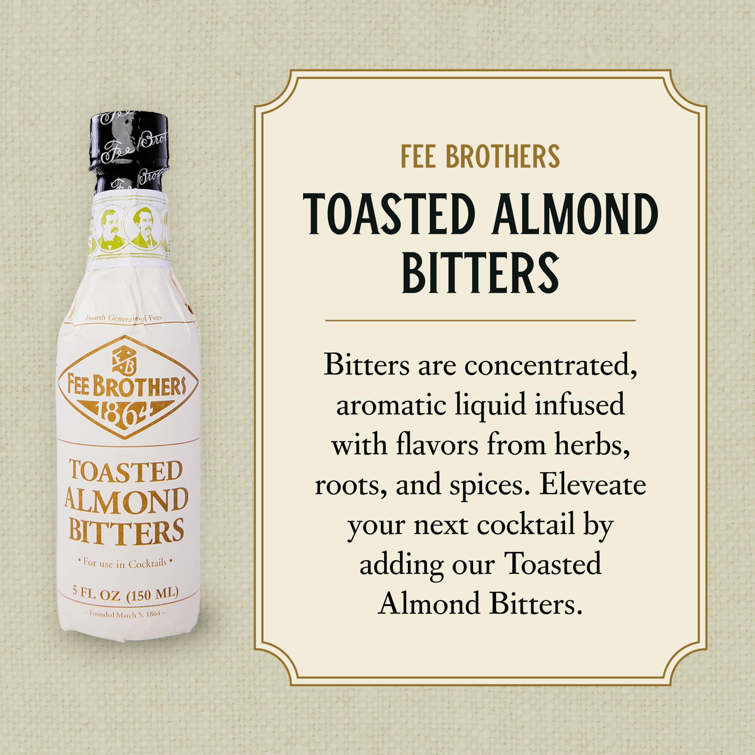 Label closeup highlights almond aroma and versatility in tropical drinks.