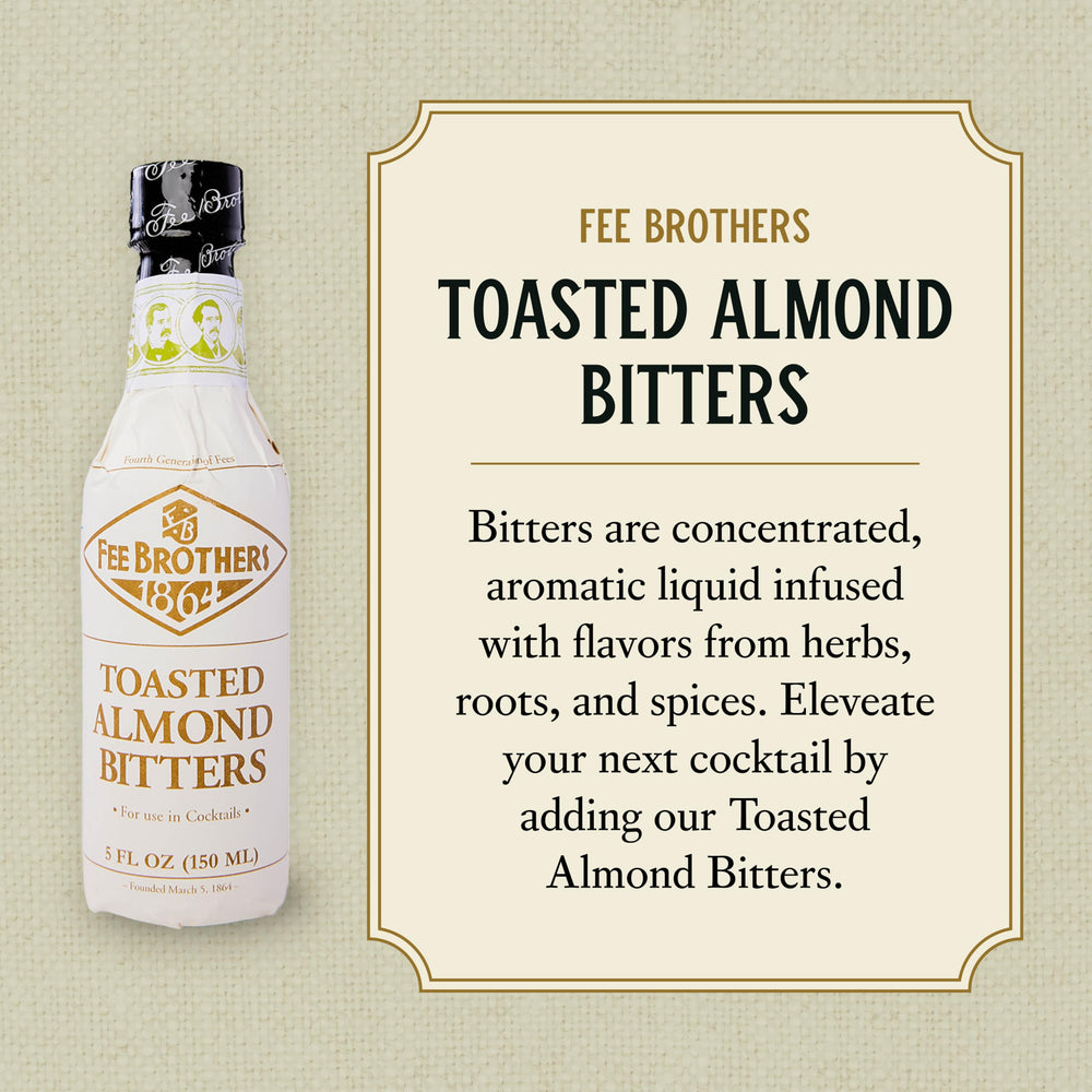 Label closeup highlights almond aroma and versatility in tropical drinks.