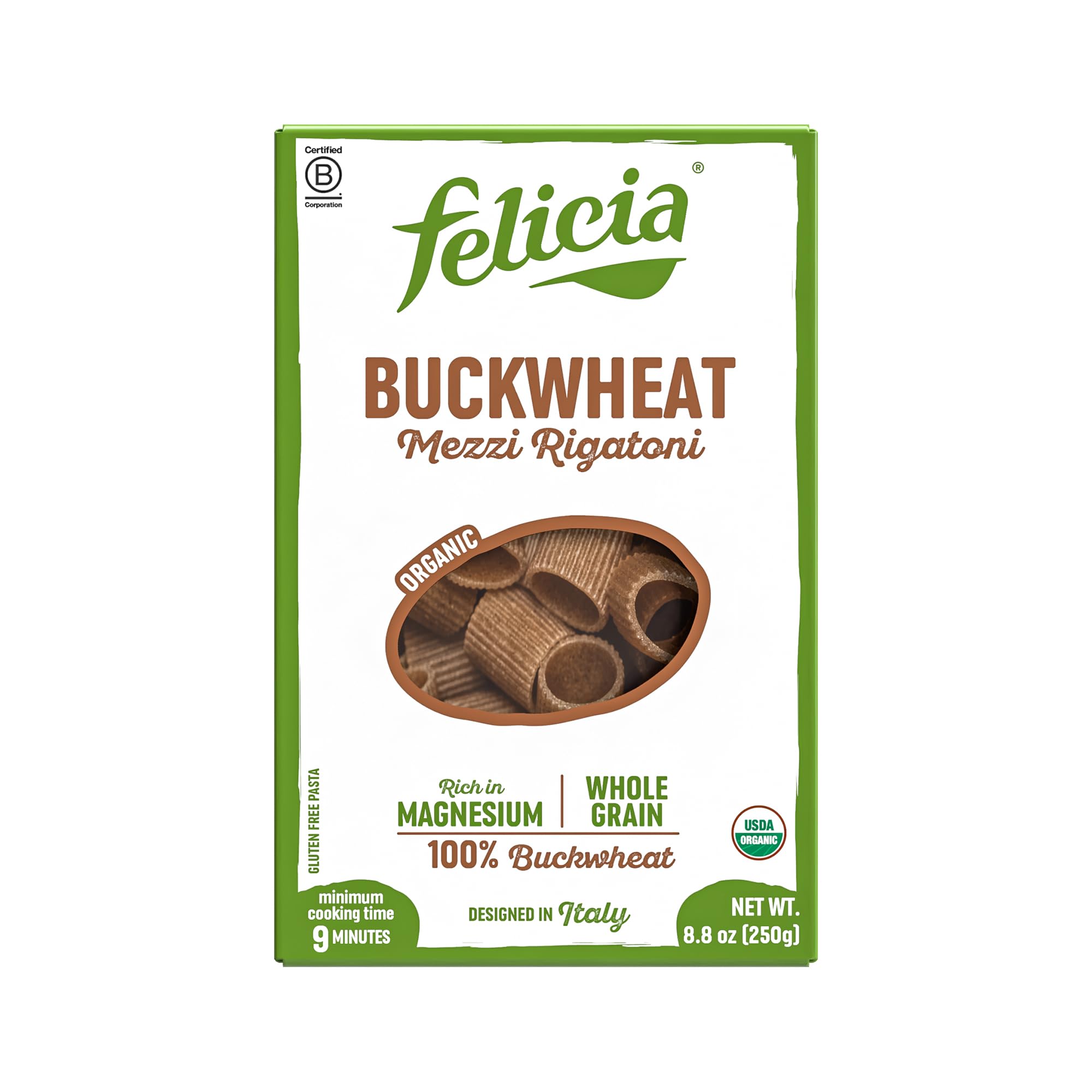 Felicia buckwheat mezzi rigatoni pack front, gluten-free whole grain pasta option for mindful meals.