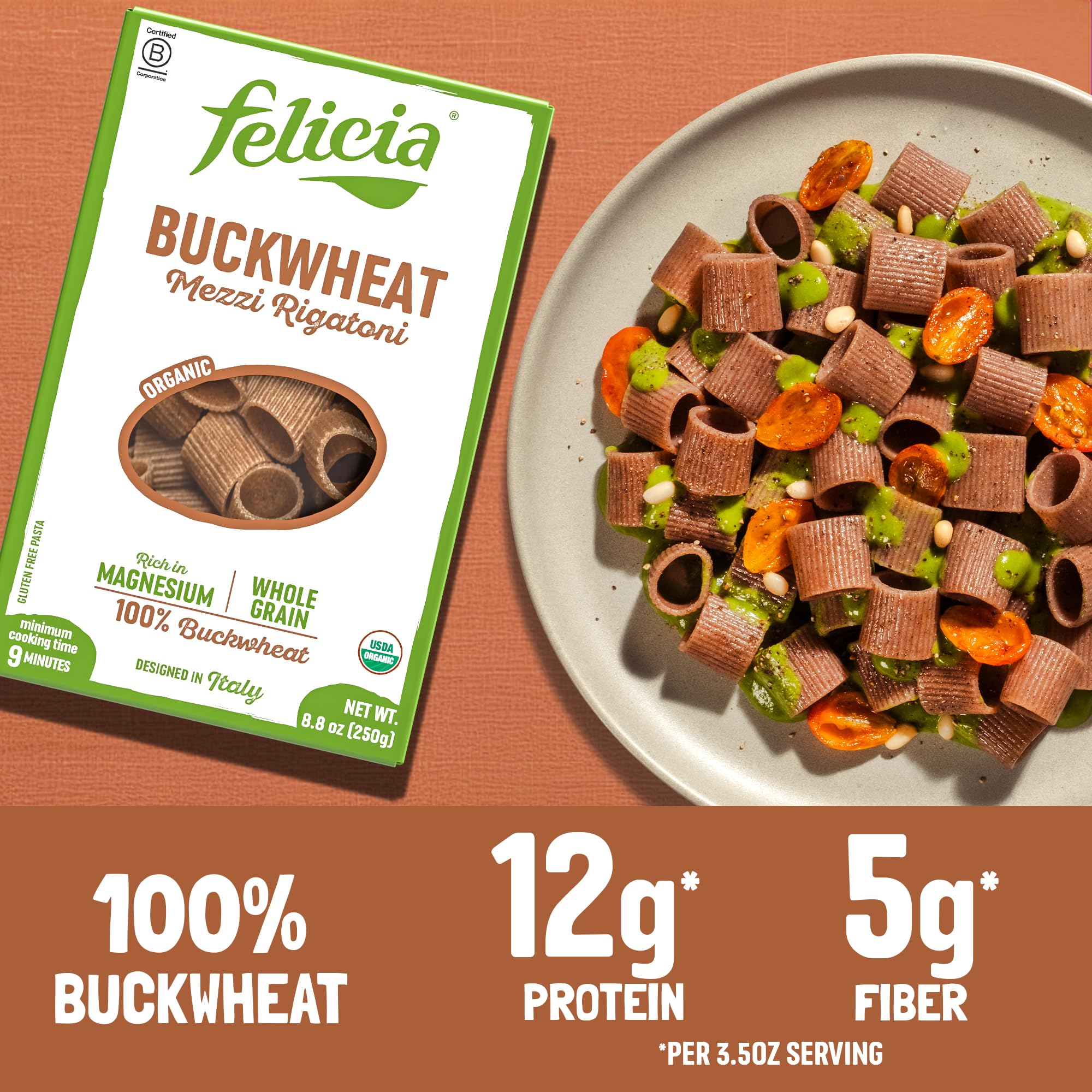Felicia raw buckwheat pasta shows a single-ingredient product option.