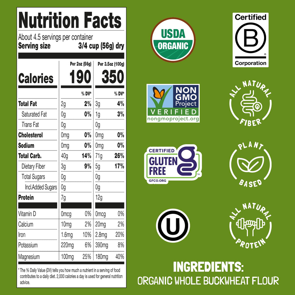 Felicia organic buckwheat pasta label highlighting organic status.