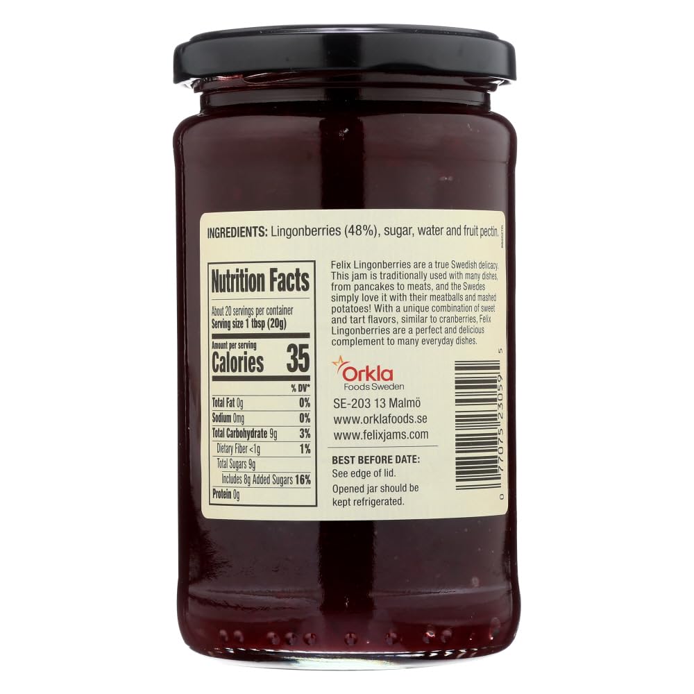 Felix Lingonberry Preserves jar back with Sweden origin label.