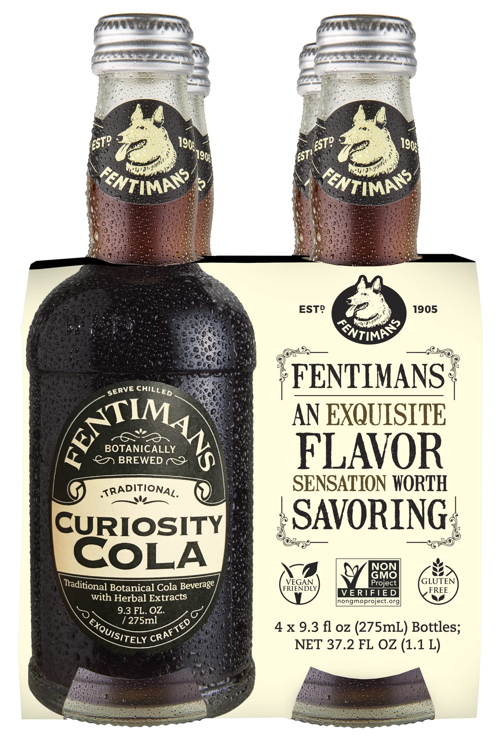 Fentimans Sparkling Curiosity Cola bottle—botanical brewing for a rich, all-natural flavor.