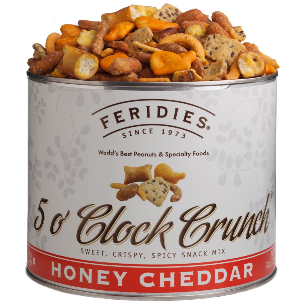 FERIDIES 5 O'Clock Crunch Honey Cheddar tin shows crave-worthy crunch for gatherings.