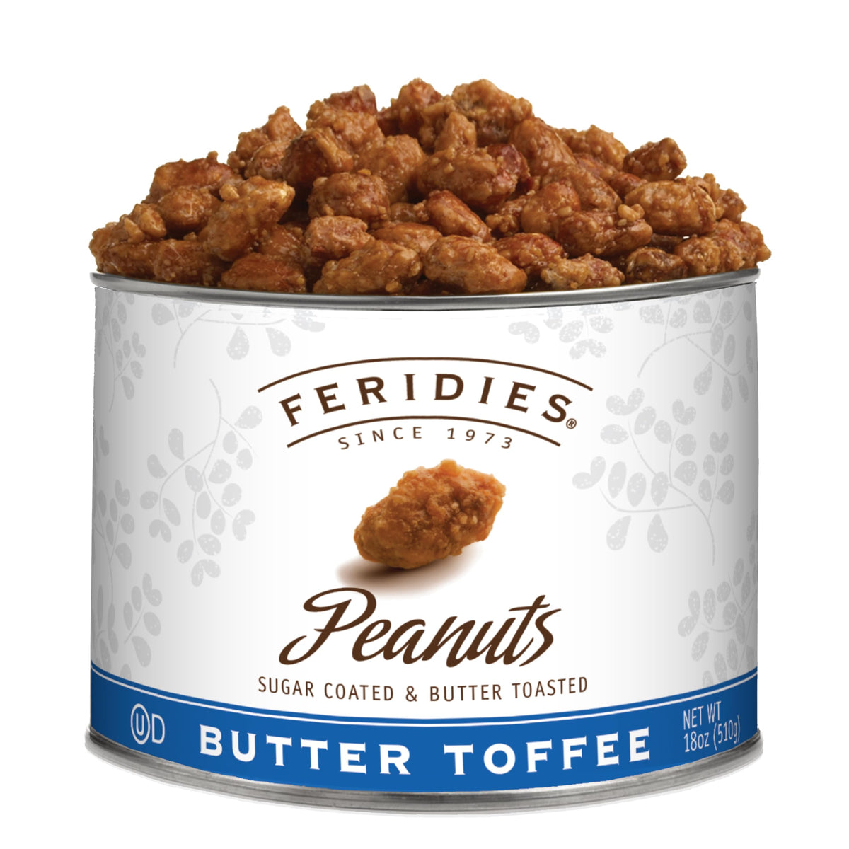 Feridies Butter Toffee Peanuts in 18 oz tin, rich crunch and sweet aroma for snacking