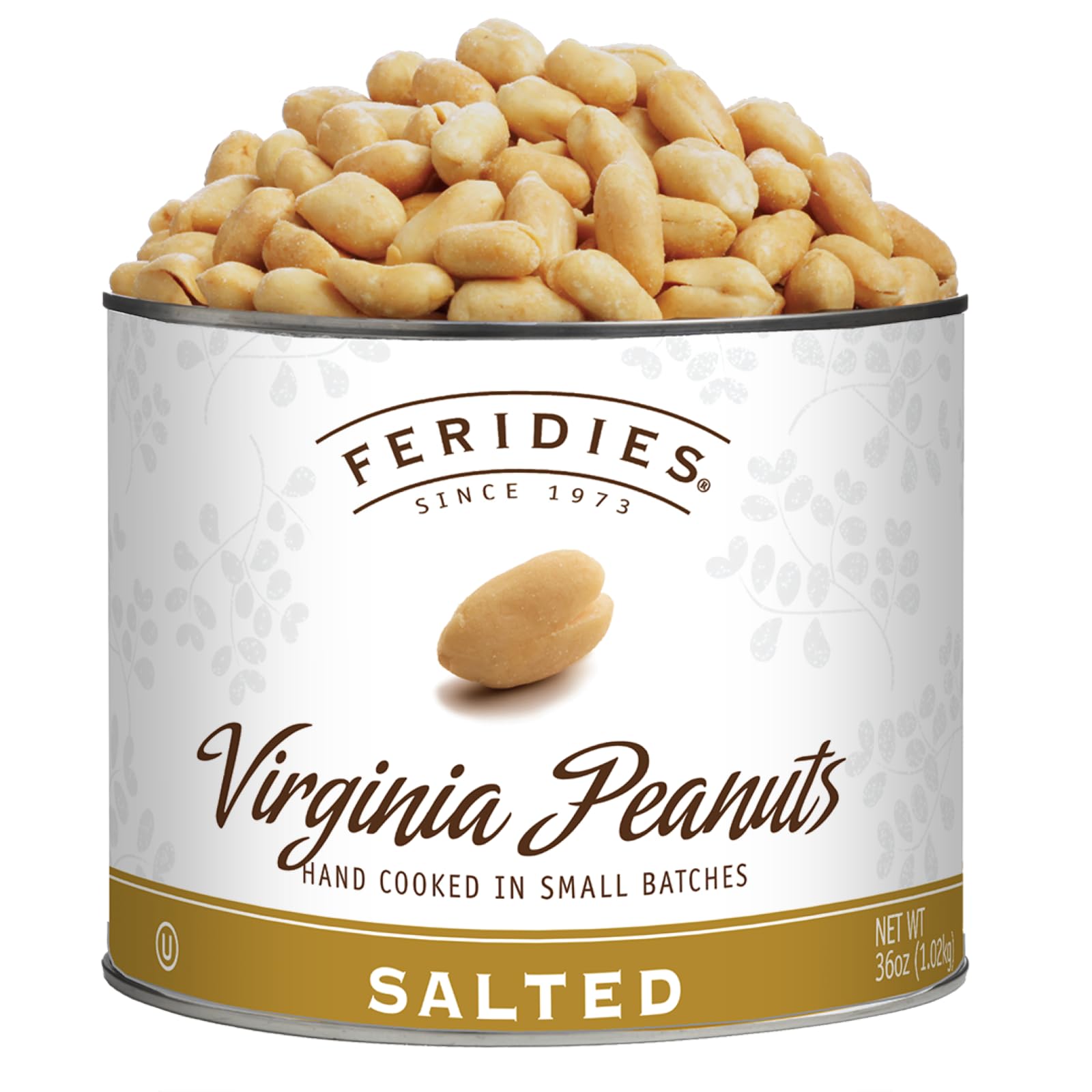 Feridies extra-large Virginia salted peanuts in pure peanut oil, 36 oz tin, ready to snack.