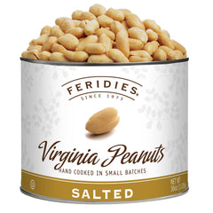 Feridies extra-large Virginia salted peanuts in pure peanut oil, 36 oz tin, ready to snack.