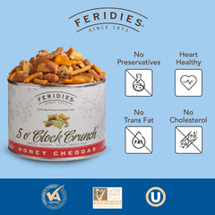 FERIDIES Five O'clock Crunch Honey Cheddar Snack Mix in bowl, sweet honey with cheddar.
