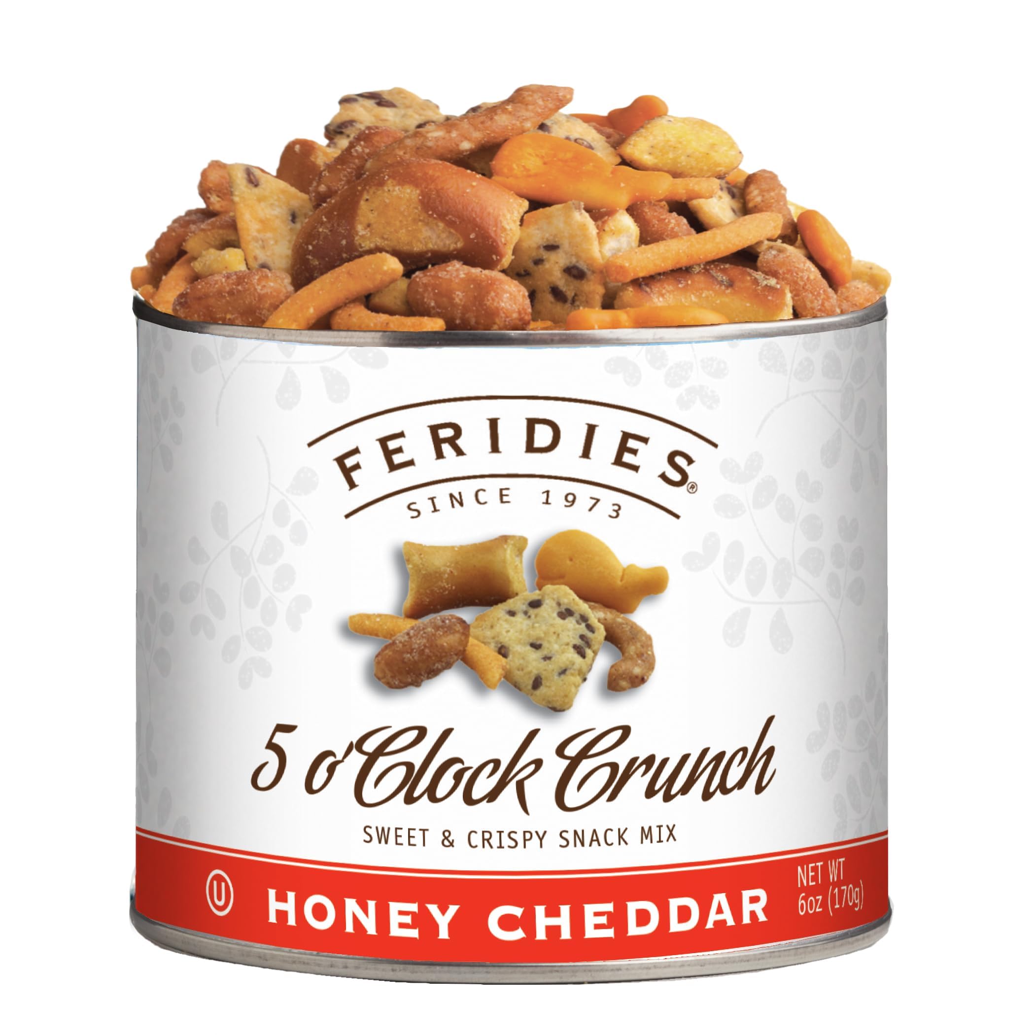 FERIDIES Honey Cheddar 5 O'Clock Crunch tin open for on-the-go snacking.