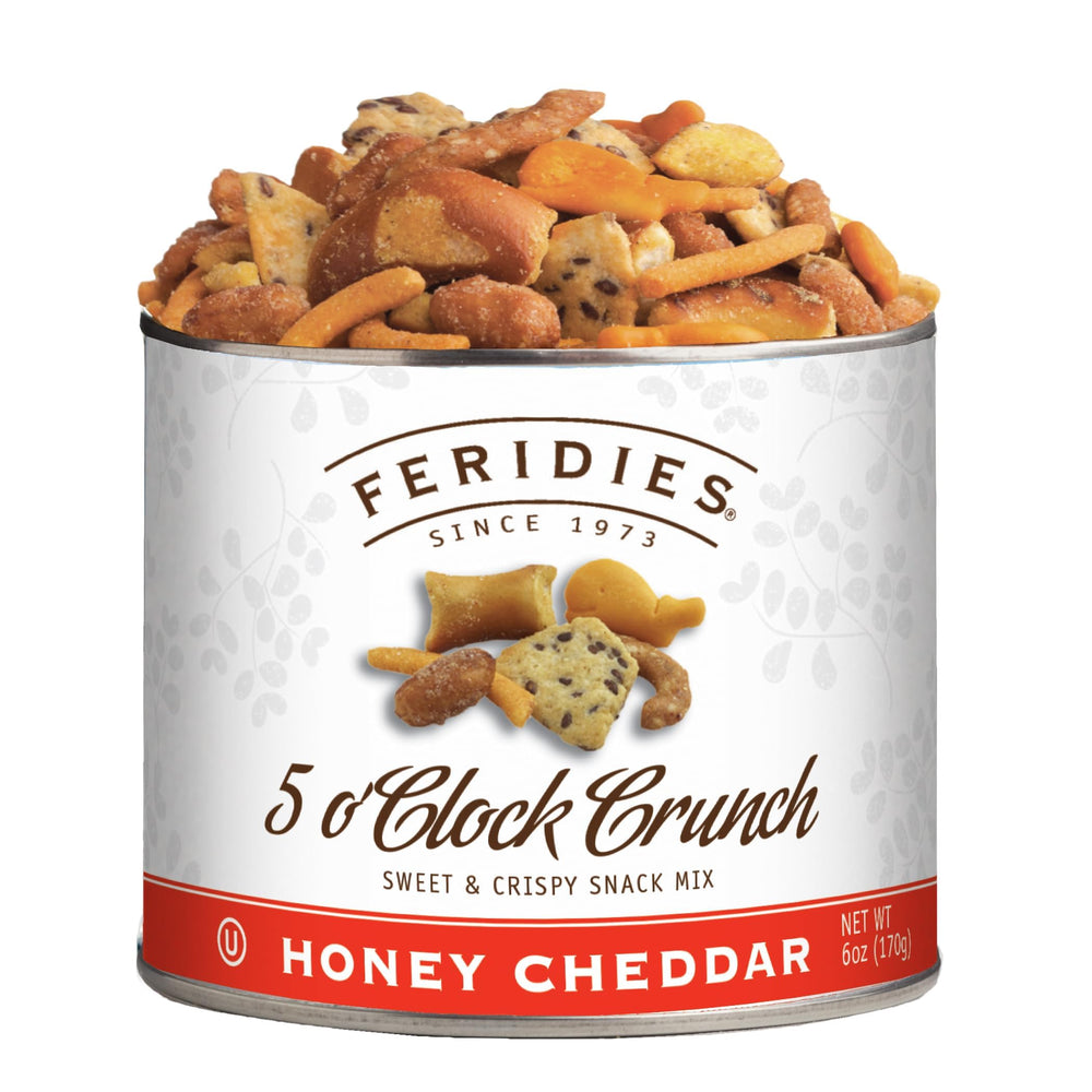 FERIDIES Honey Cheddar 5 O'Clock Crunch tin open for on-the-go snacking.