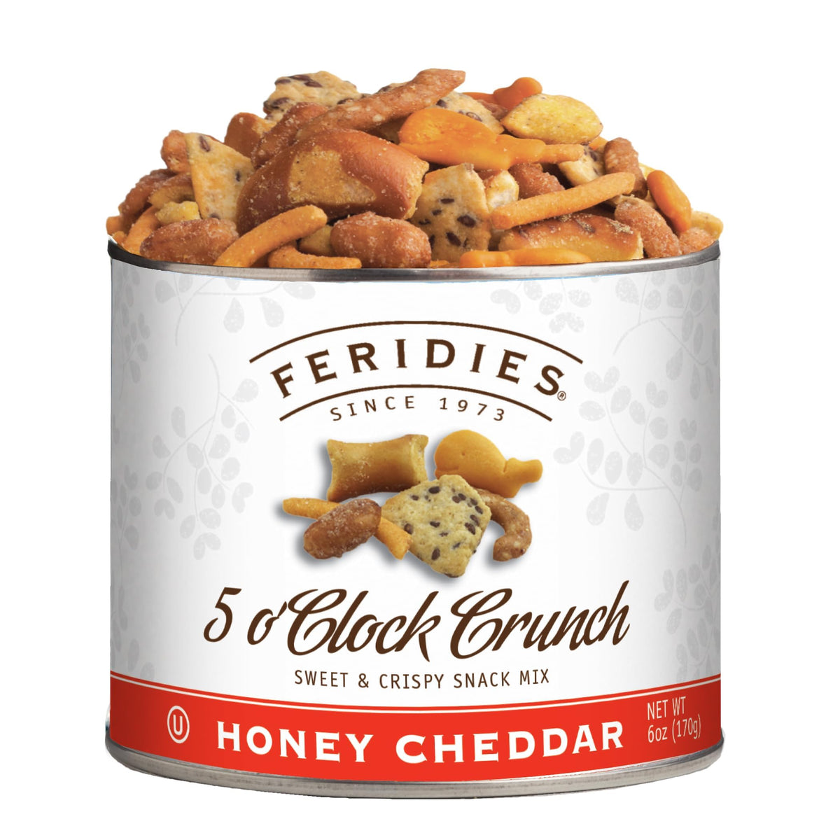 FERIDIES Honey Cheddar 5 O'Clock Crunch tin open for on-the-go snacking.