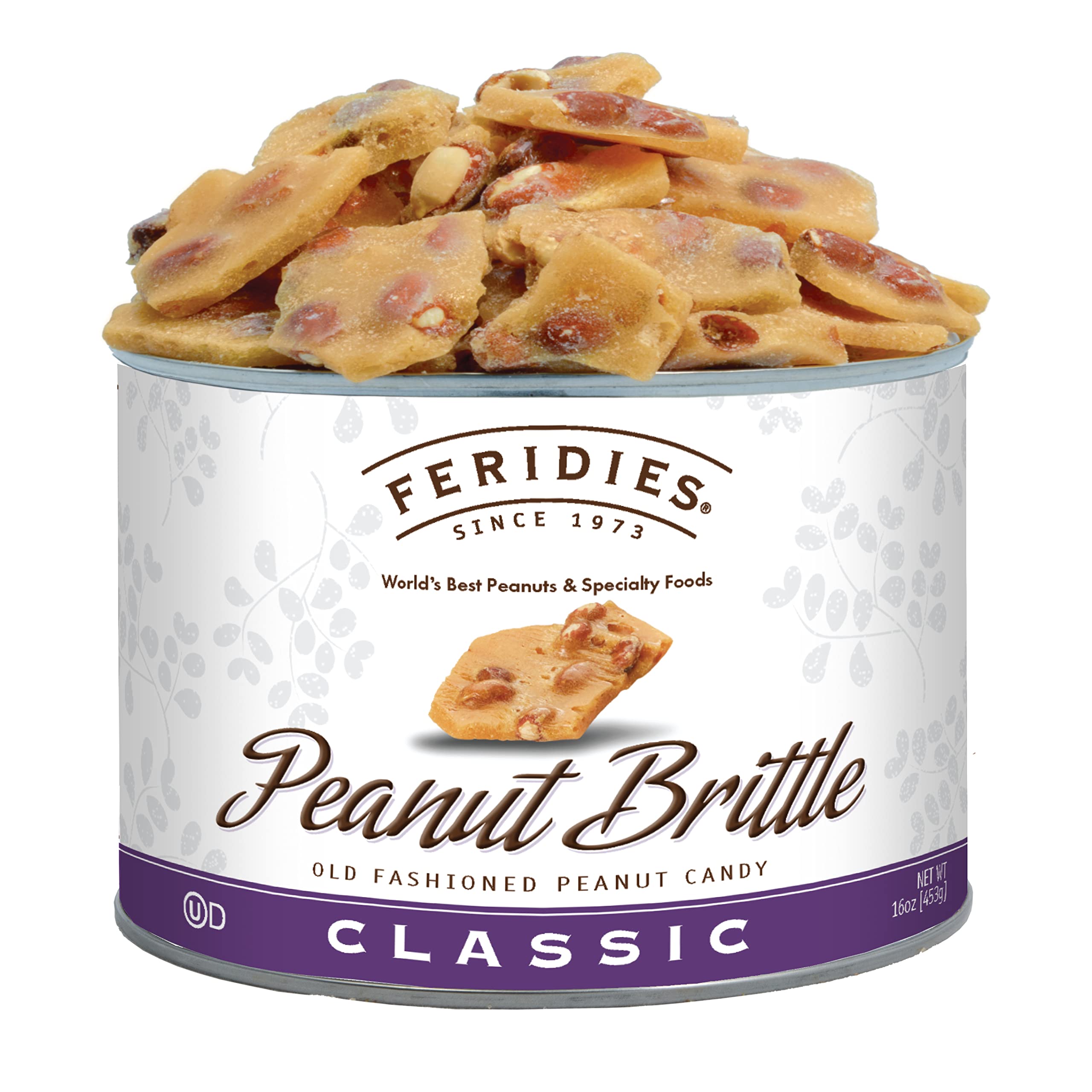 FERIDIES old-fashioned brittle tin 16oz with premium Virginia peanuts; perfect for pairing with ice cream.