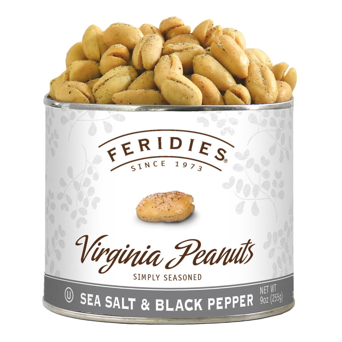 FERIDIES Salt and Pepper Peanuts can front view highlighting premium Virginia peanuts for a flavorful snack.