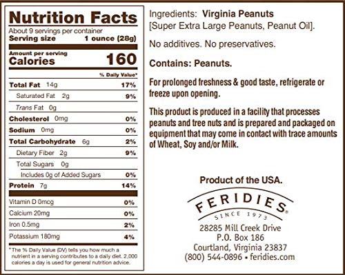 FERIDIES Unsalted Virginia peanuts can back label highlights no preservatives or cholesterol.