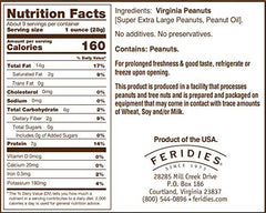 FERIDIES Unsalted Virginia peanuts can back label highlights no preservatives or cholesterol.