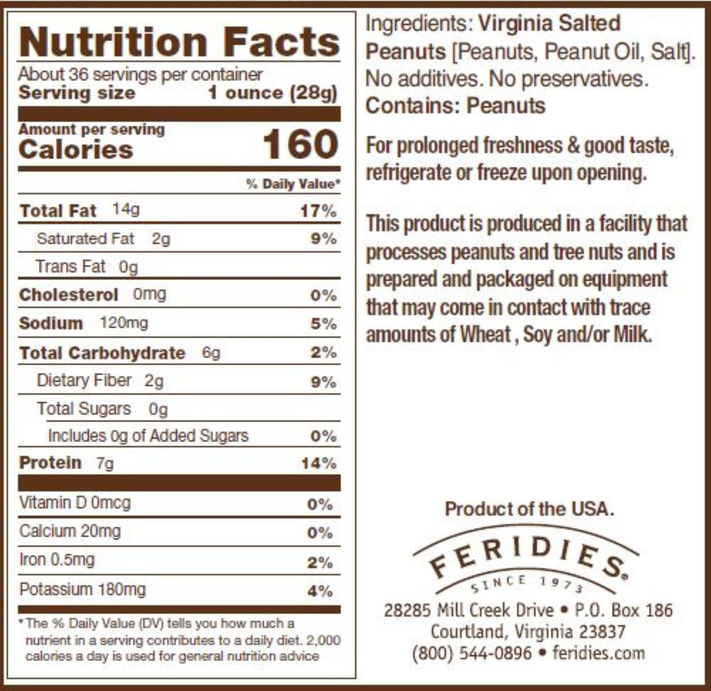 Feridies Virginia large peanuts cooked in peanut oil for rich flavor and crunch.