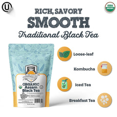 Fermentaholics Assam Black Tea packaging with organic and kosher seals