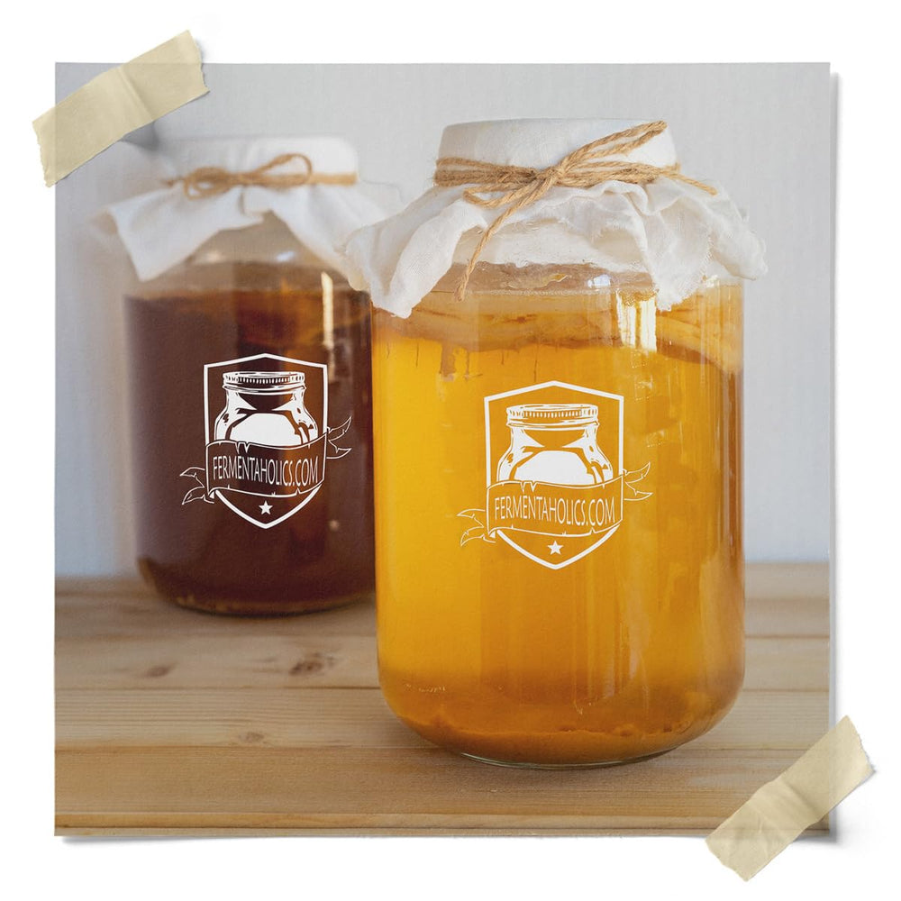 Fermentaholics brewed kombucha tea in glass, showcasing vibrant color