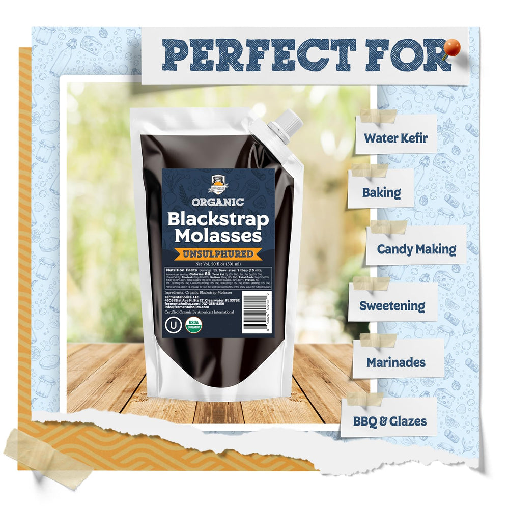 Fermentaholics Organic Unsulphured Molasses bottle reveals mineral-rich sweetness for baking.