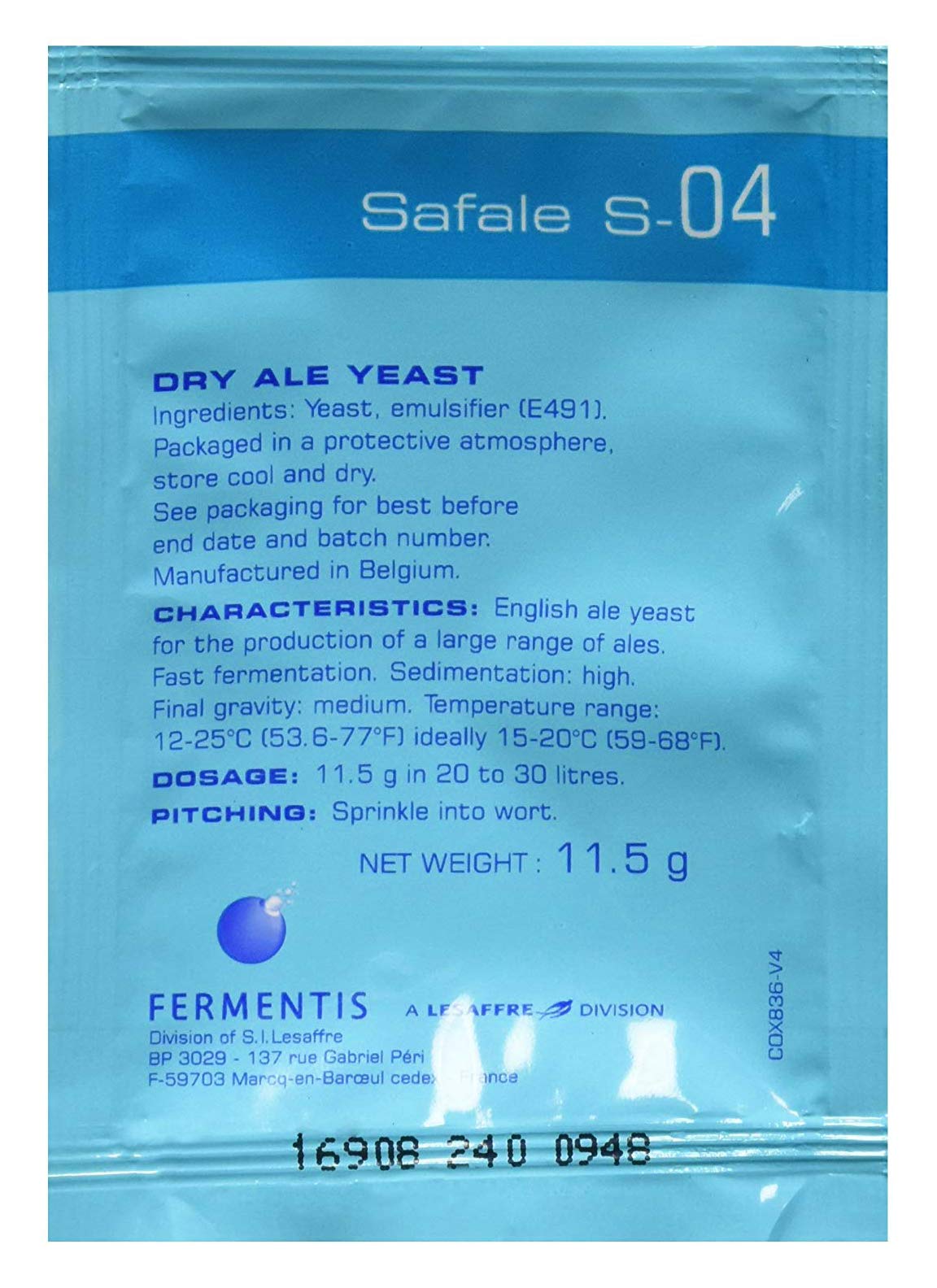 Fermentis Safale S-04 dry yeast pellets enable fast fermentation.