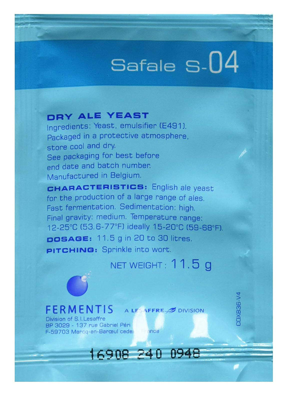Fermentis Safale S-04 dry yeast pellets enable fast fermentation.