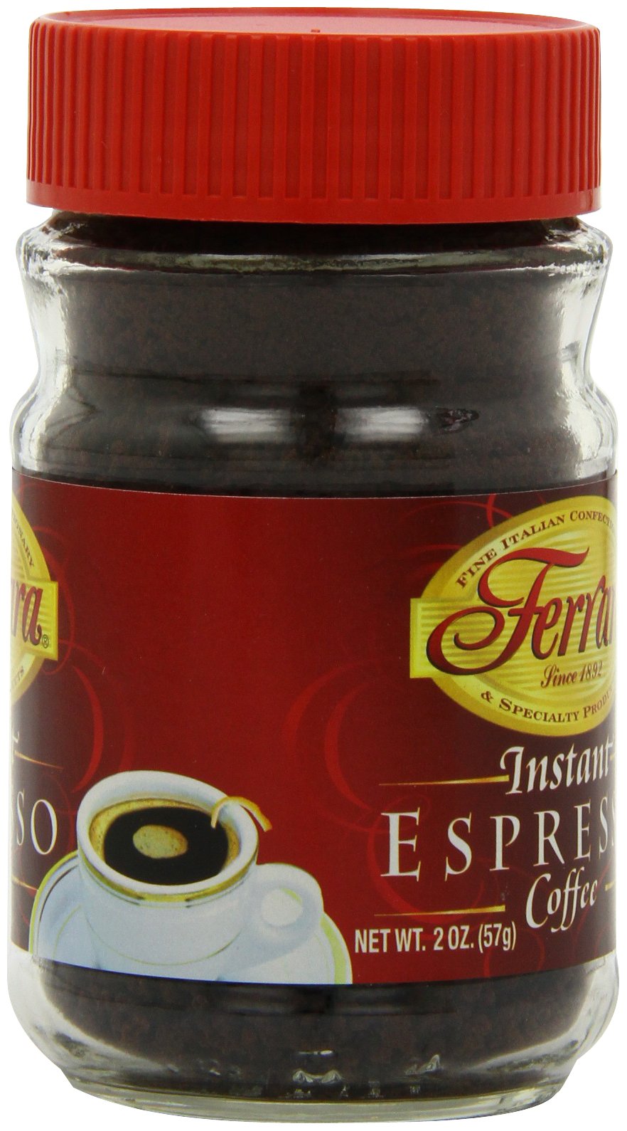 Ferrara jar beside steaming cup, ready-to-enjoy espresso moment.